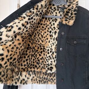 Forever 21 Black Jean Jacket with Leopard Faux-Fur Lining